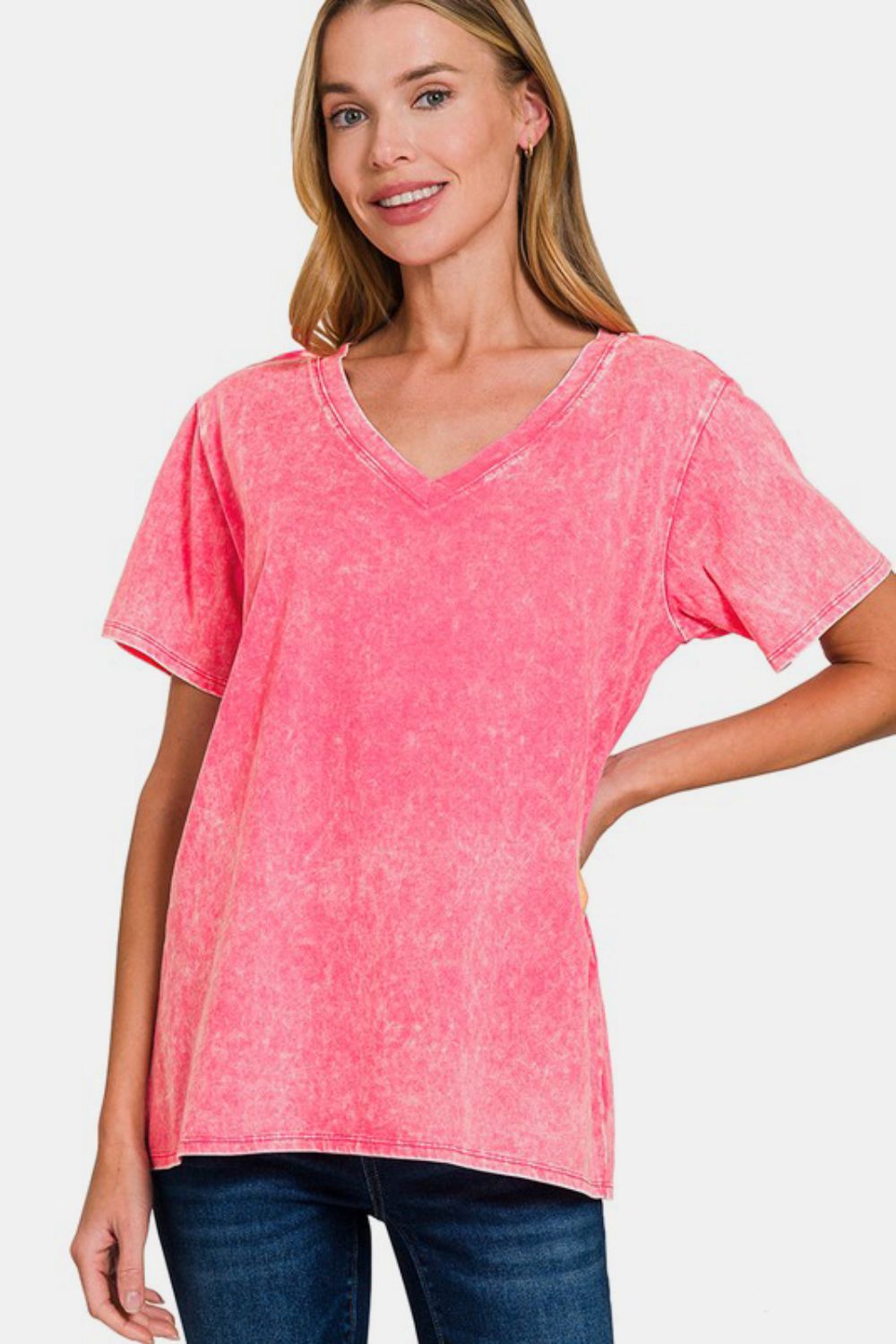 Zenana Full Size Washed Short Sleeve V-Neck T-Shirt *