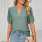 Eyelet Short Puff Sleeve Notched Neck Top