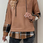Perfee Drawstring Slit Plaid Long Sleeve Hoodie