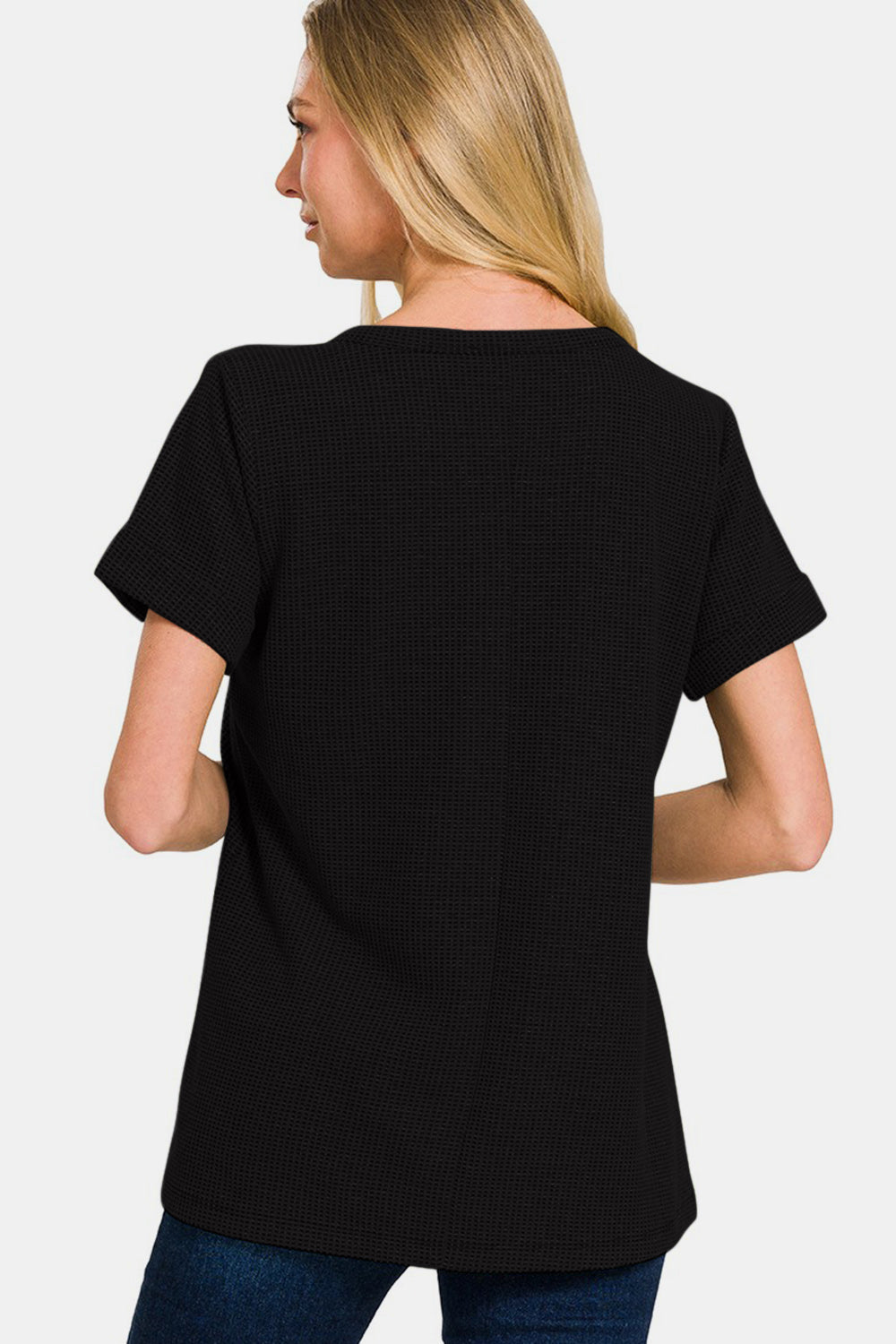 Zenana Notched Short Sleeve Waffle T-Shirt *