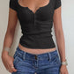 Half Button Scoop Neck Short Sleeve Knit Top