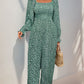 Perfee Smocked Printed Long Sleeve Wide Leg Jumpsuit