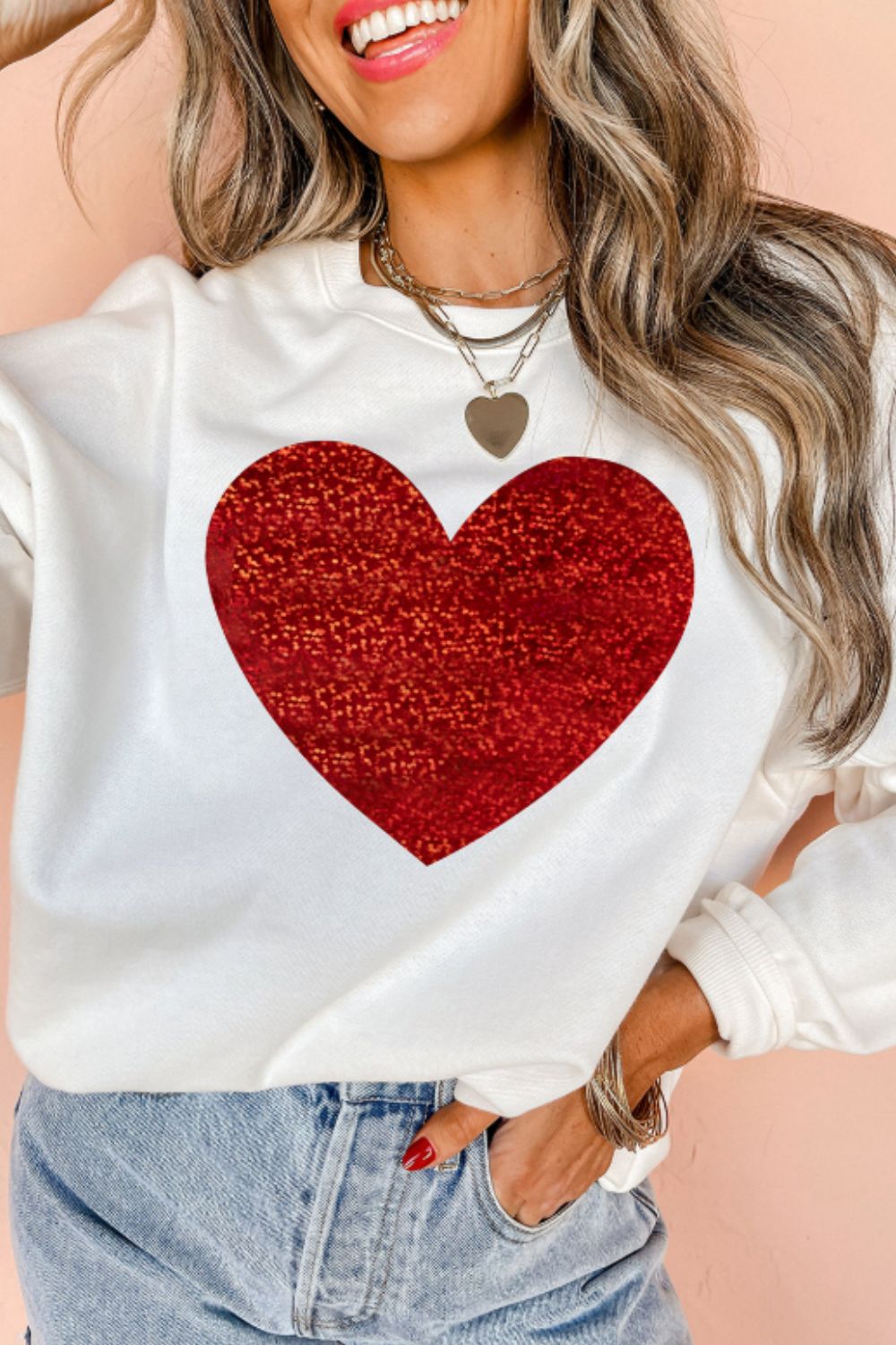 Valentine’s Day Heart White Round Neck Long Sleeve Sweatshirt