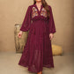 Plus Size Embroidered Polka Dot Tie Neck Long Sleeve Midi Dress