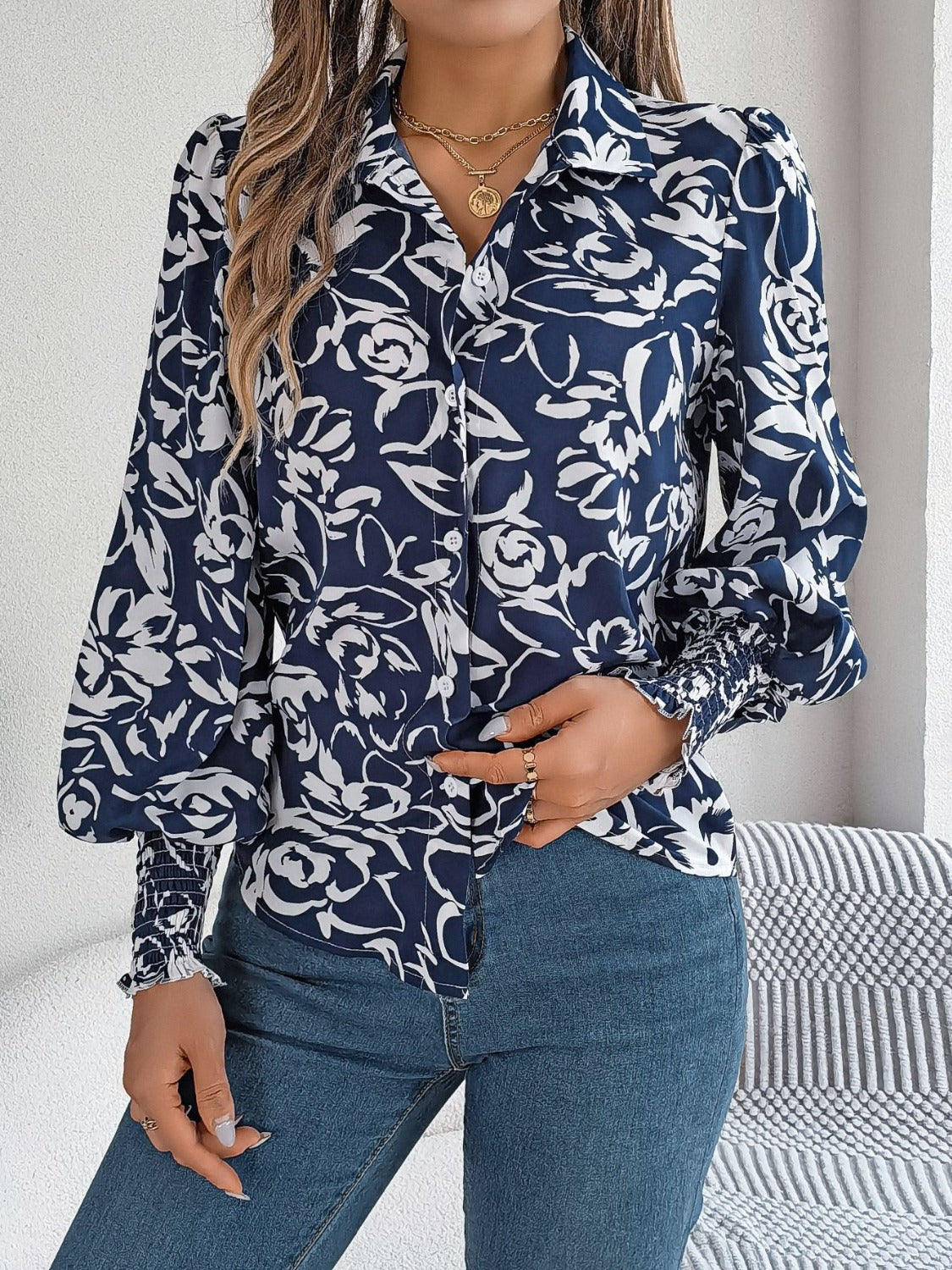 Printed Collared Neck Lantern Sleeve Shirt