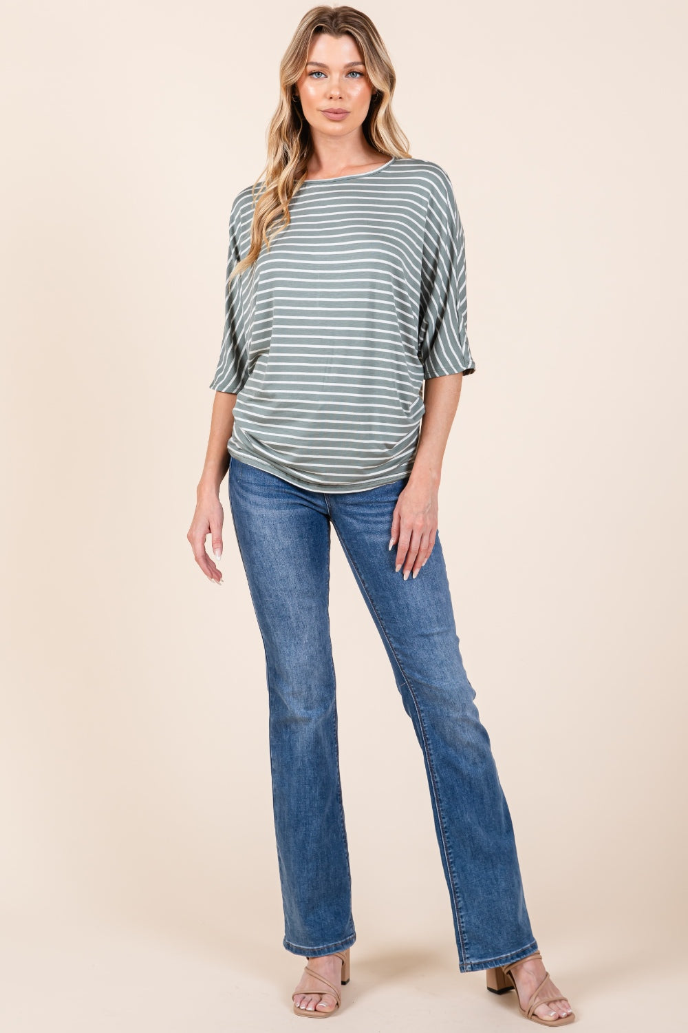 BOMBOM Striped Boat Neck Dolman Sleeve Top *