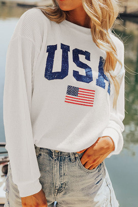 US Flag White Corded Long Sleeve Sweatshirt