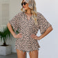 Leopard Notched Half Sleeve Blouse