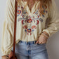 Embroidered Notched Long Sleeve Blouse