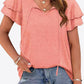 Tie-Neck Layered Flutter Sleeve Blouse