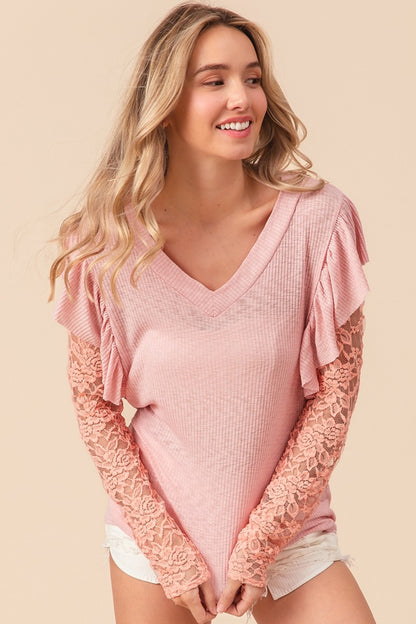BiBi Ruffled Lace Sleeve Rib Knit Top - Brand BiBi