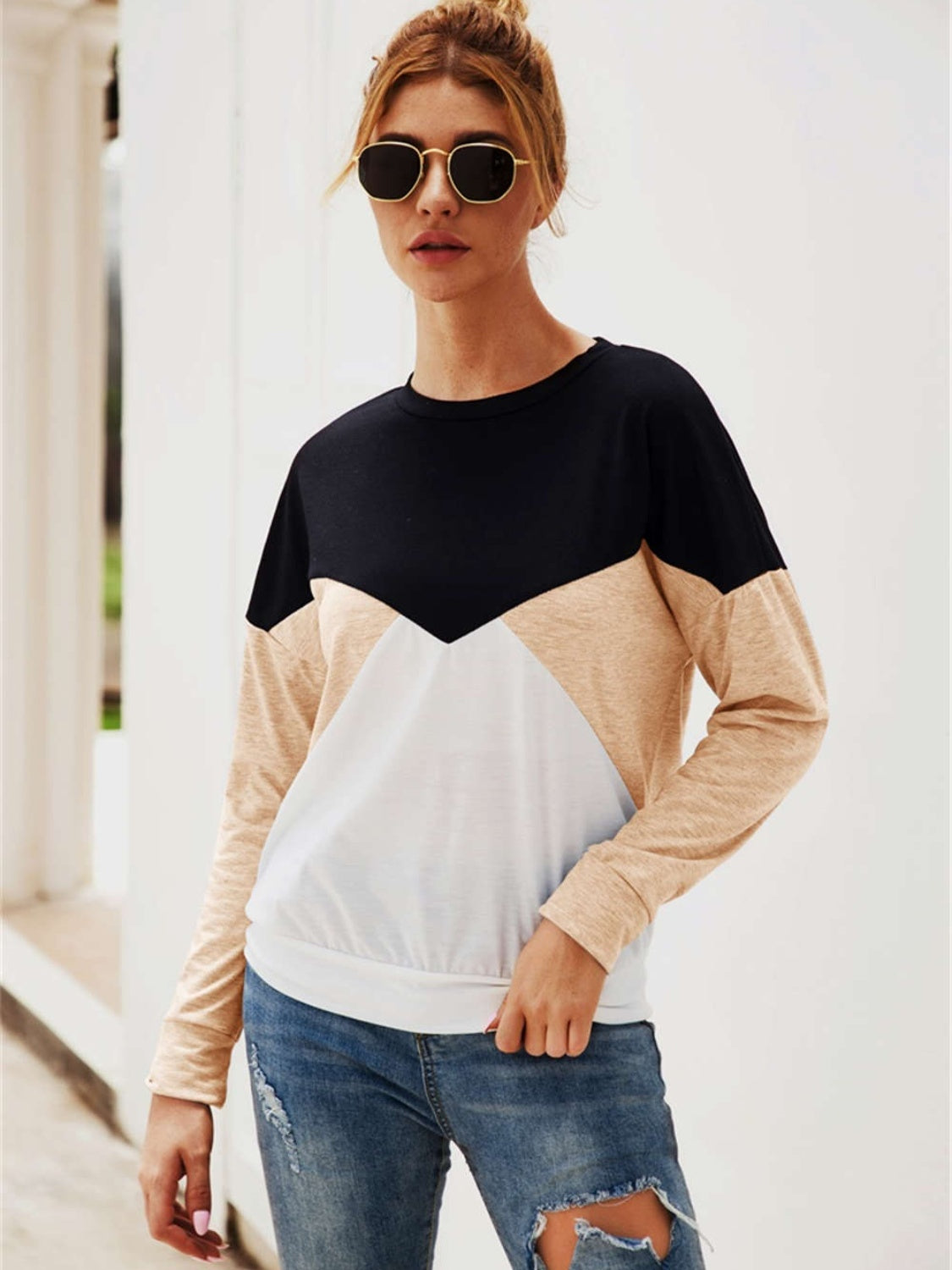 Color Block Round Neck Long Sleeve Top