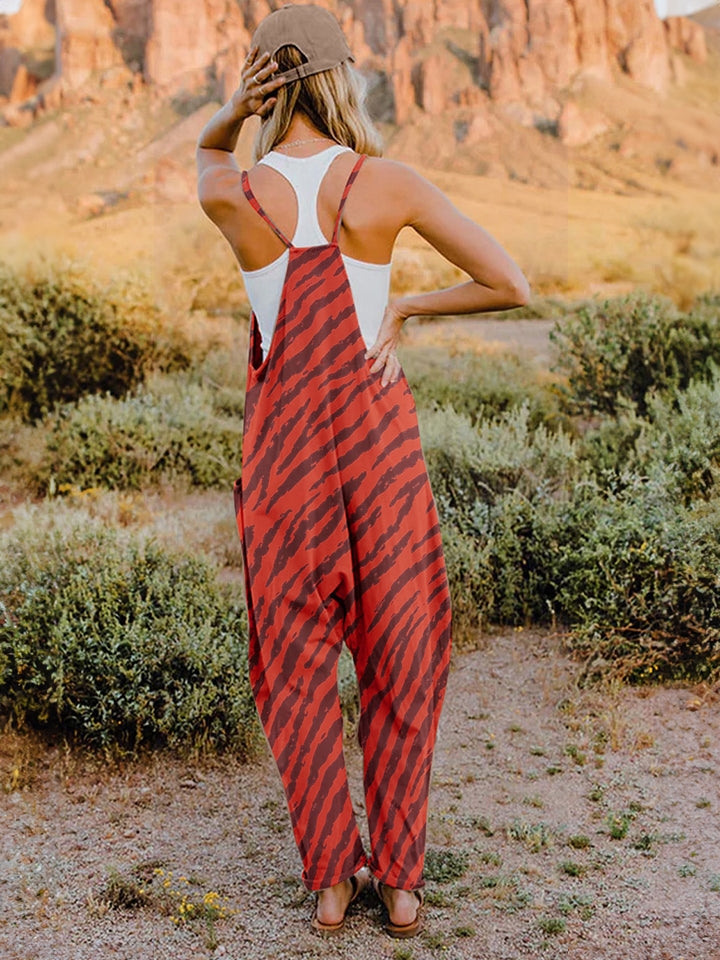 Double Take Full Size Printed V-Neck Sleeveless Jumpsuit