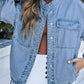 Drawstring Snap Down Denim Jacket with Chest Pockets