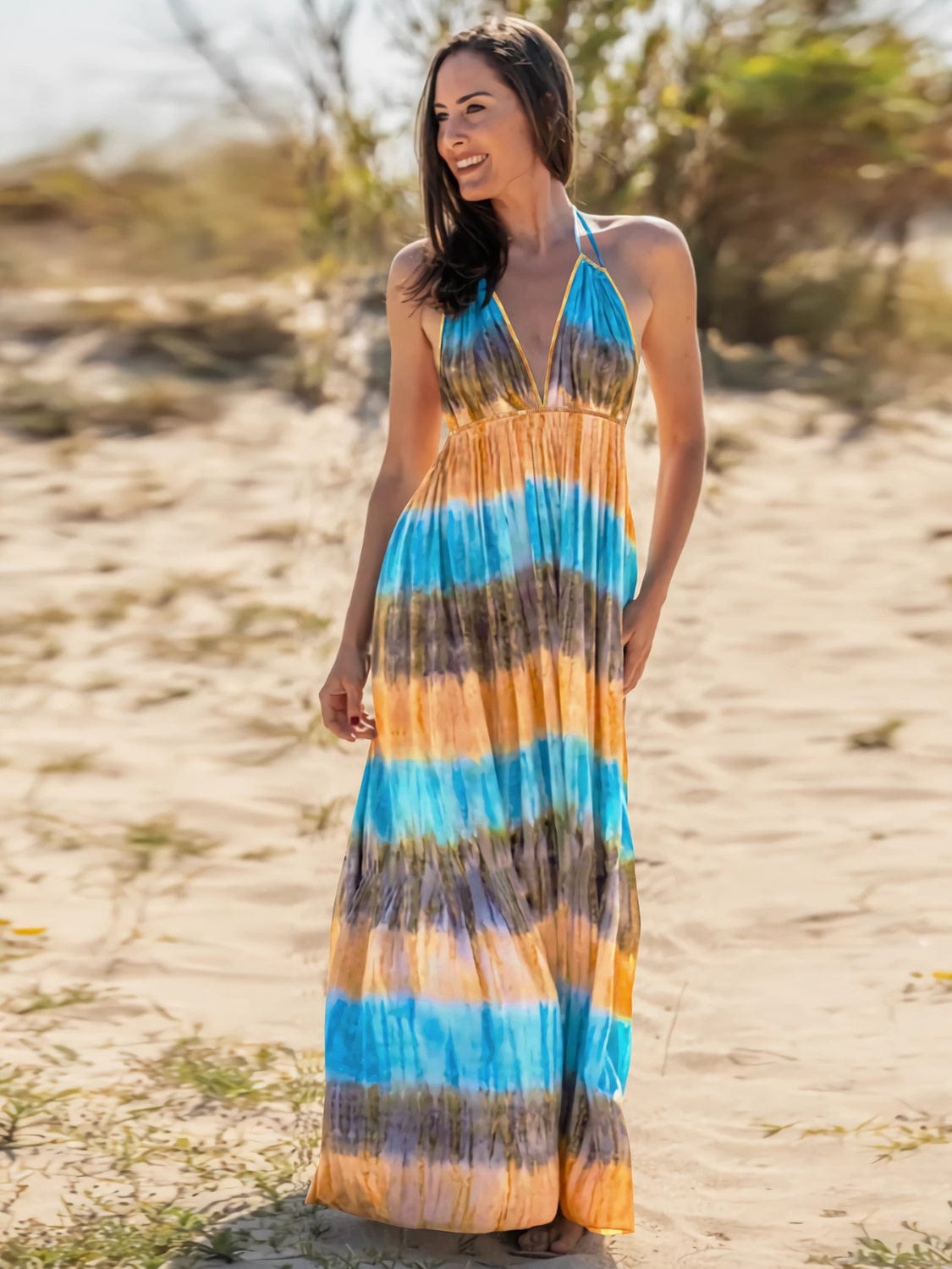 Full Size Tie-Dye Halter Neck Sleeveless Dress