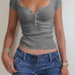 Half Button Scoop Neck Short Sleeve Knit Top