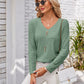 Full Size Decorative Button Openwork V-Neck T-Shirt
