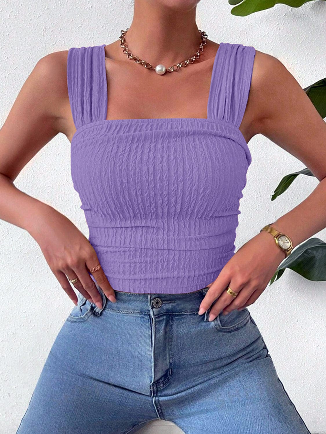 Full Size Textured Square Neck Wide Strap Tank