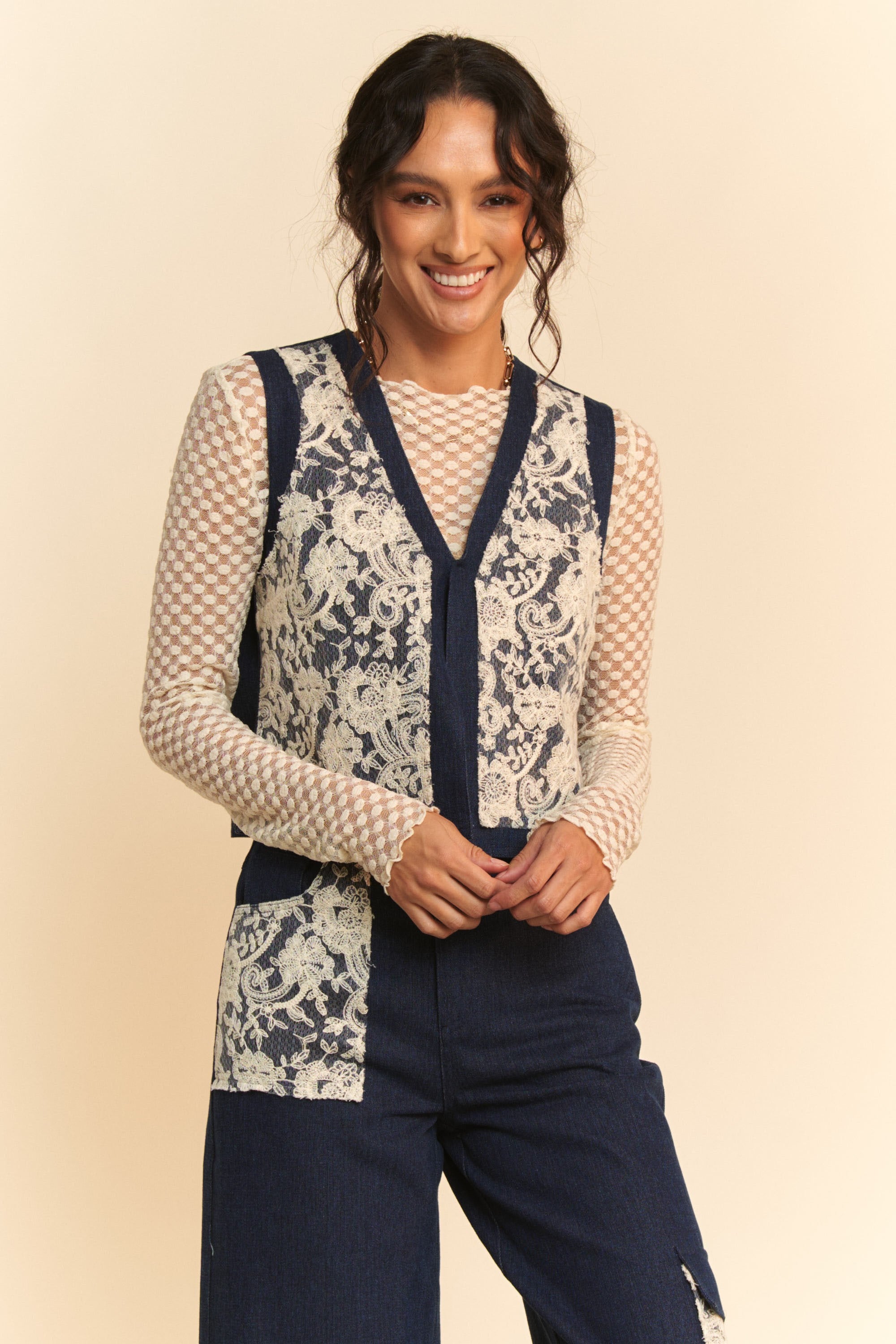 Davi & Dani Lace Patch Open Front Denim Vest *