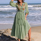 Embroidered Polka Dot Tie Neck Long Sleeve Midi Dress