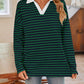 Lovelet Striped Johnny Collar Long Sleeve T-Shirt