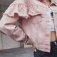 Ruffled Collared Neck Long Sleeve Denim Top