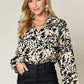 Double Take Full Size Printed Ruffle Trim Balloon Sleeve Shirt