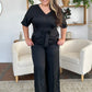 Double Take Full Size V-Neck Tie Front Short Sleeve Slit Jumpsuit