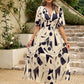 Smocked Printed V-Neck Half Sleeve Midi Dress