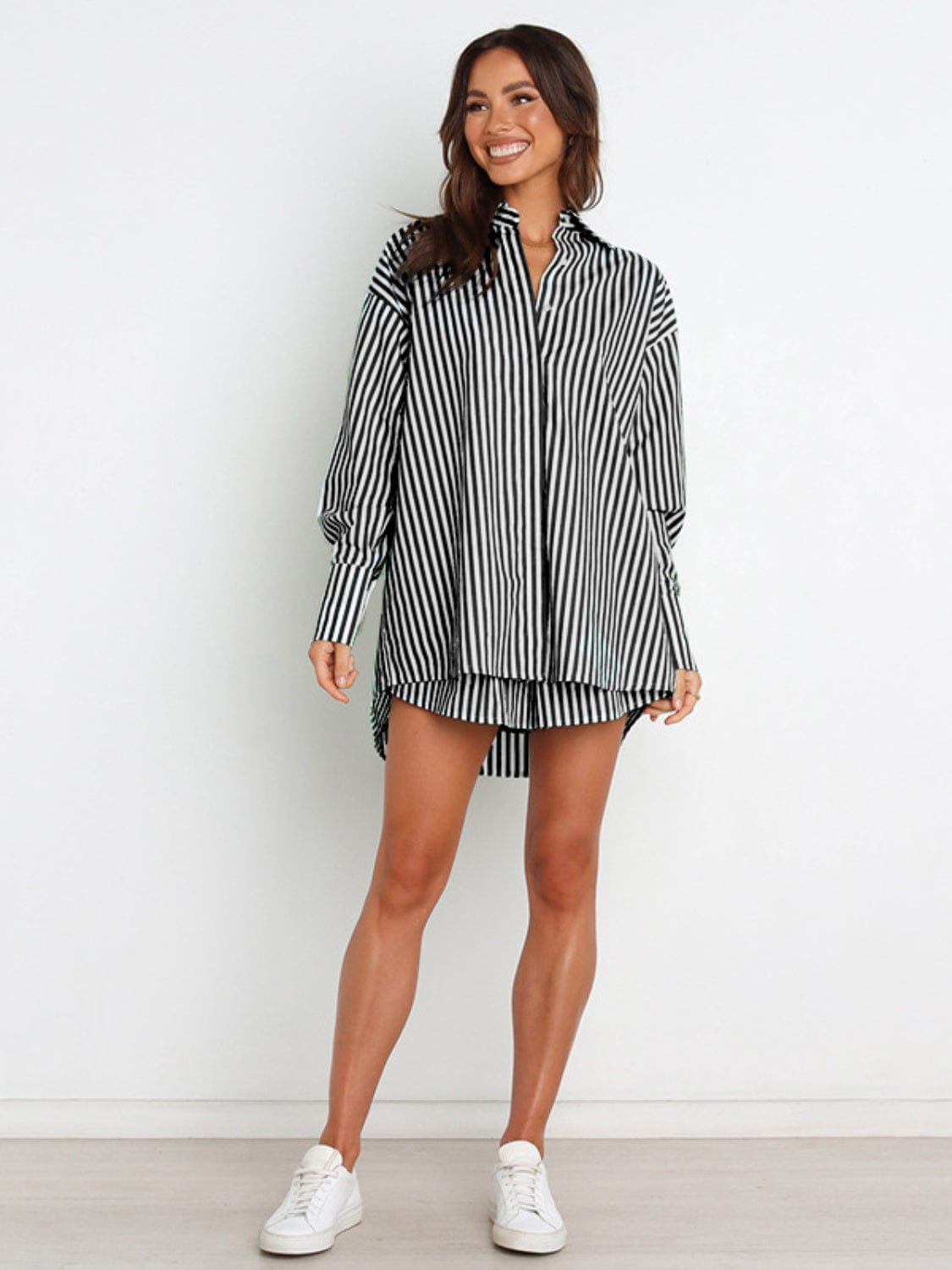 Full Size Striped Dropped Shoulder Shirt and Shorts Set