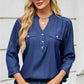 Notched Three-Quarter Sleeve Denim Top
