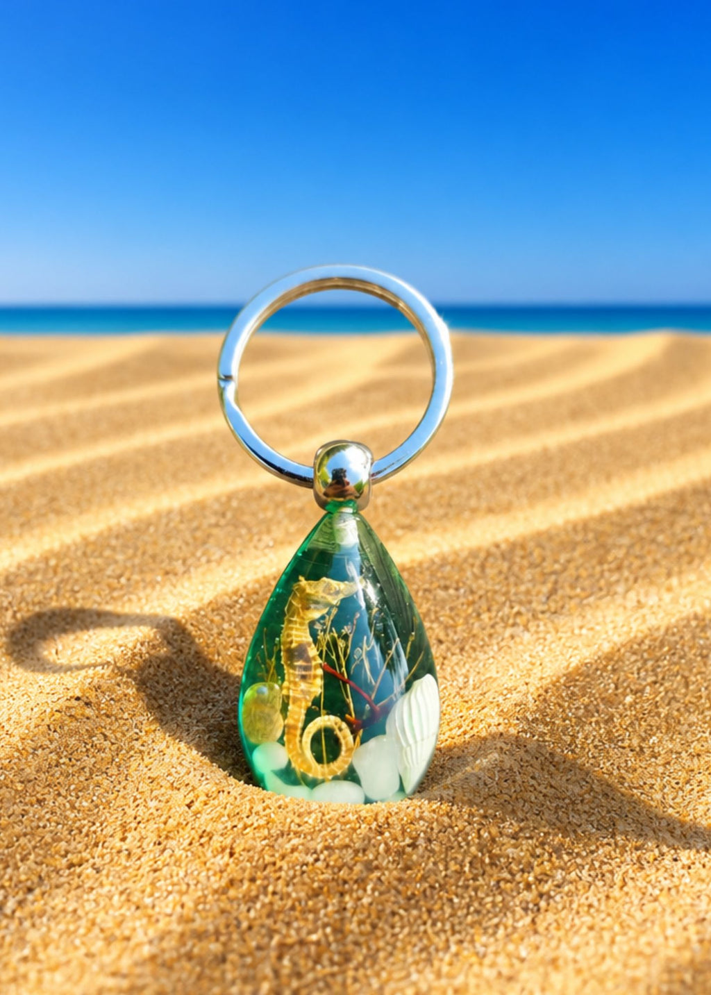 Handmade Faux Seahorse Keychain – Light Blue-Green Background