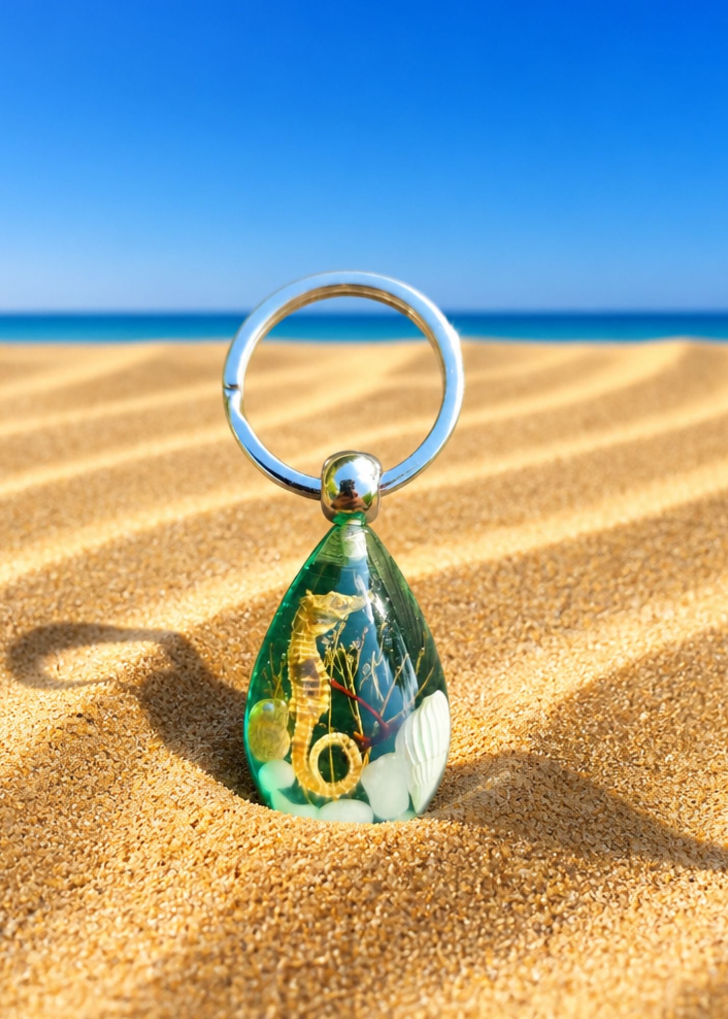 Handmade Faux Seahorse Keychain – Light Blue-Green Background