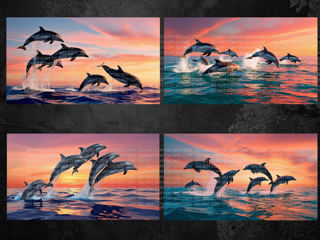 Dolphins with Orange Sunset Digital Art in PDF SVG PNG File Formats