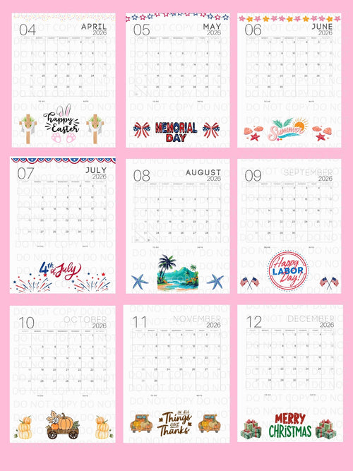 2026 Cute Digital Calendar in file formats SVG JPG PNG PDF