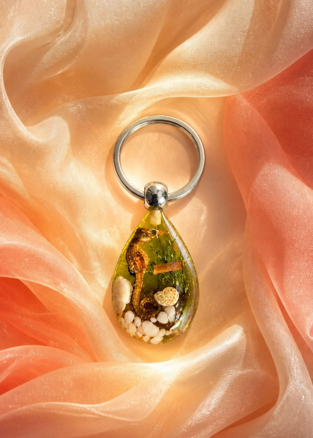 Handmade Faux Seahorse Keychain – Light Orange Background