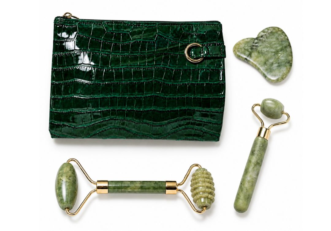 Emerald Green Faux Croc Skincare Travel Case with Jade Facial Roller Set – 4-Piece Beauty Collection