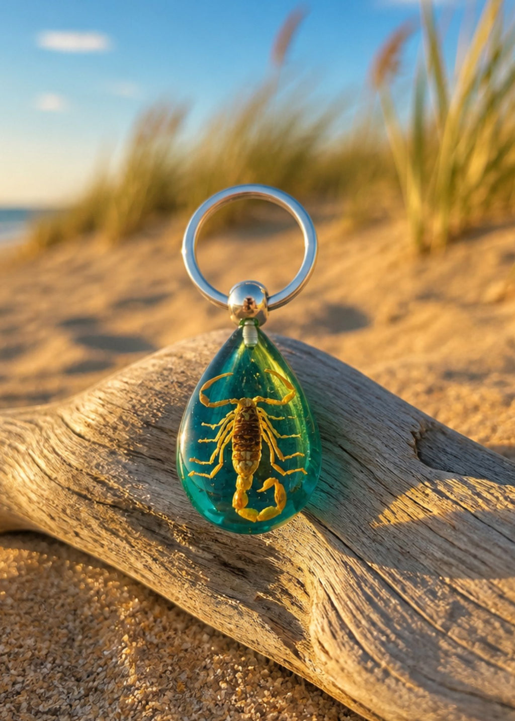 Handmade Faux Scorpion Keychain – Brown with Blue Background