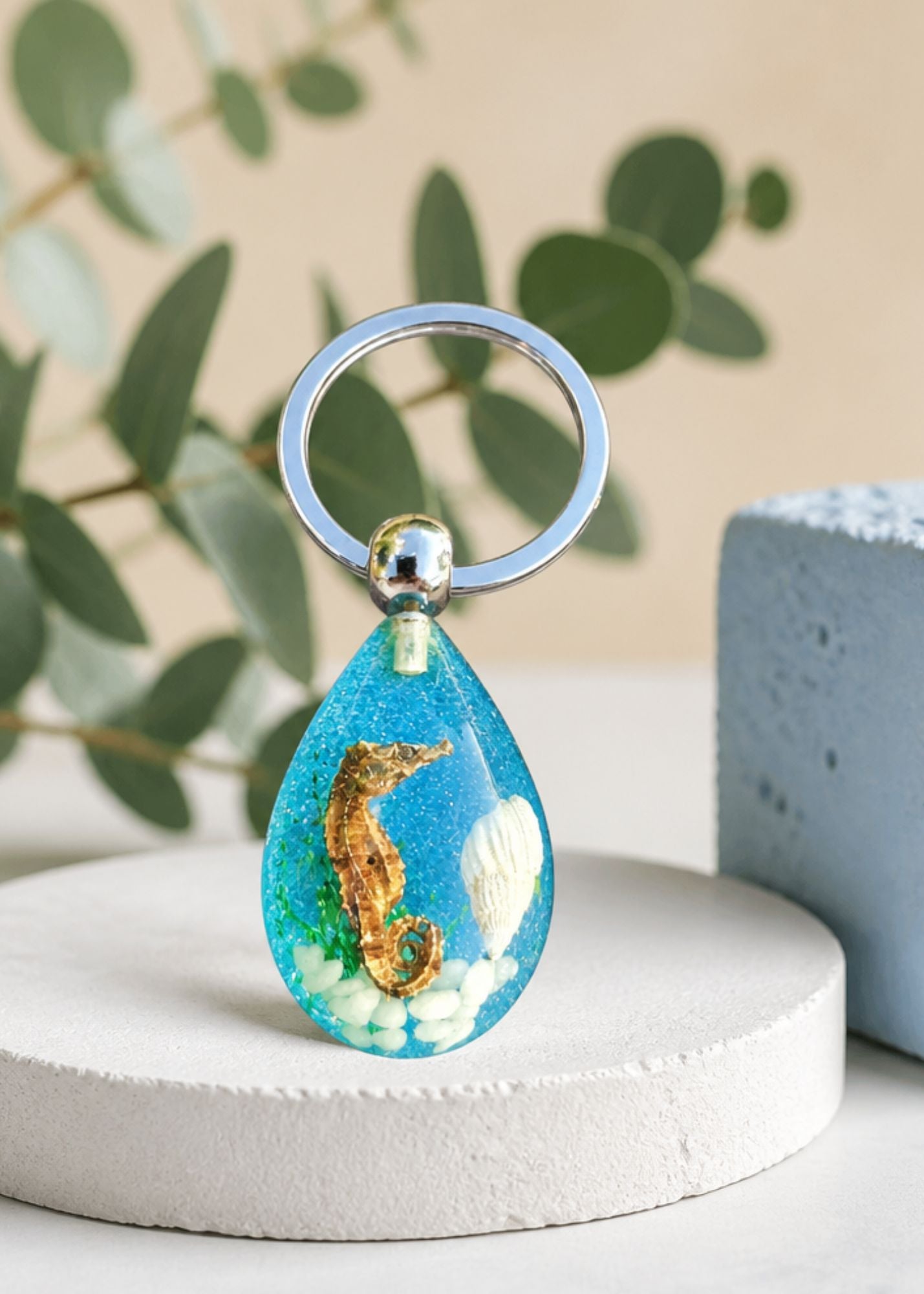 Handmade Faux Seahorse Keychain – Light Blue Sparkle