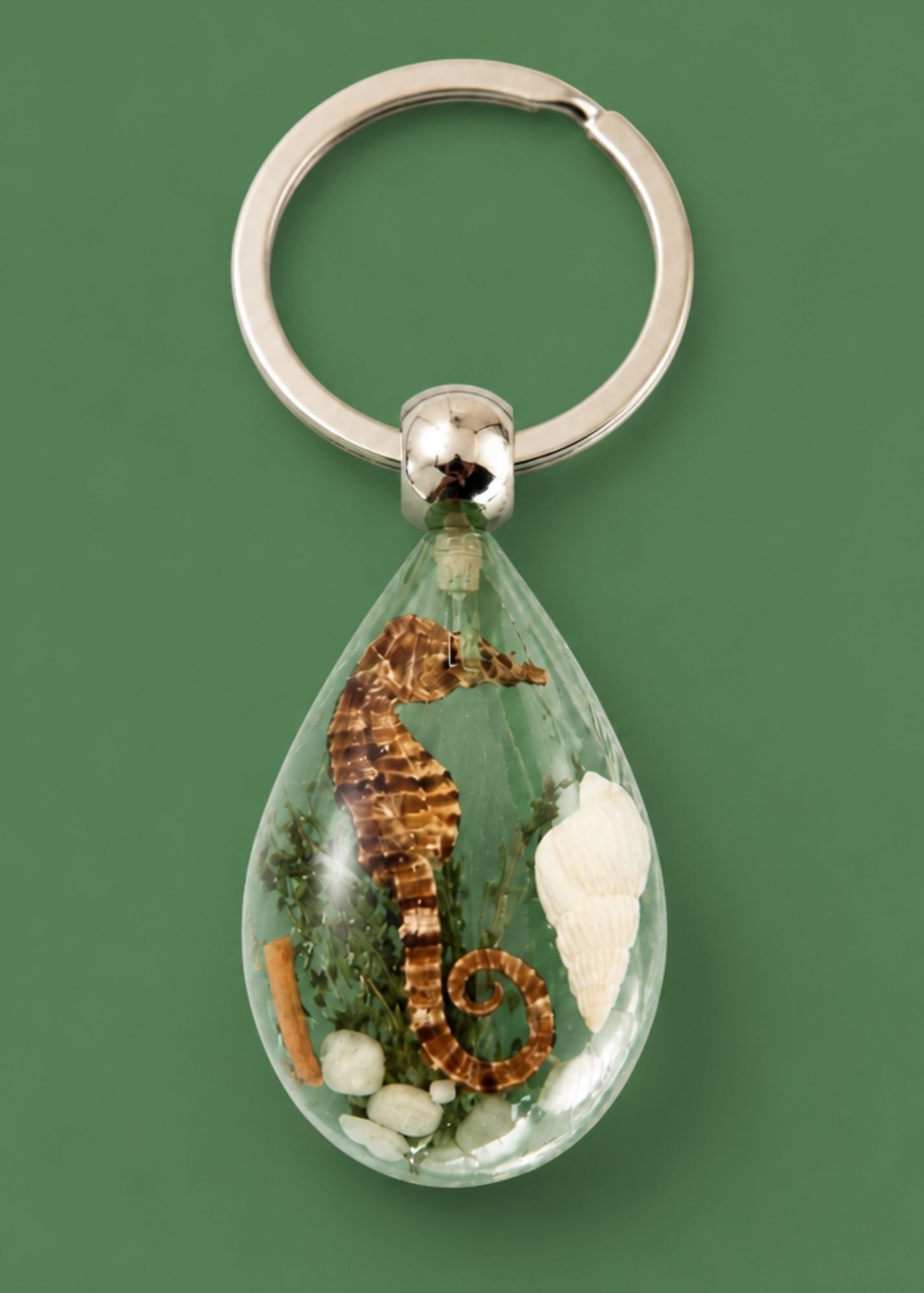 Handmade Faux Seahorse Keychain – Green Background