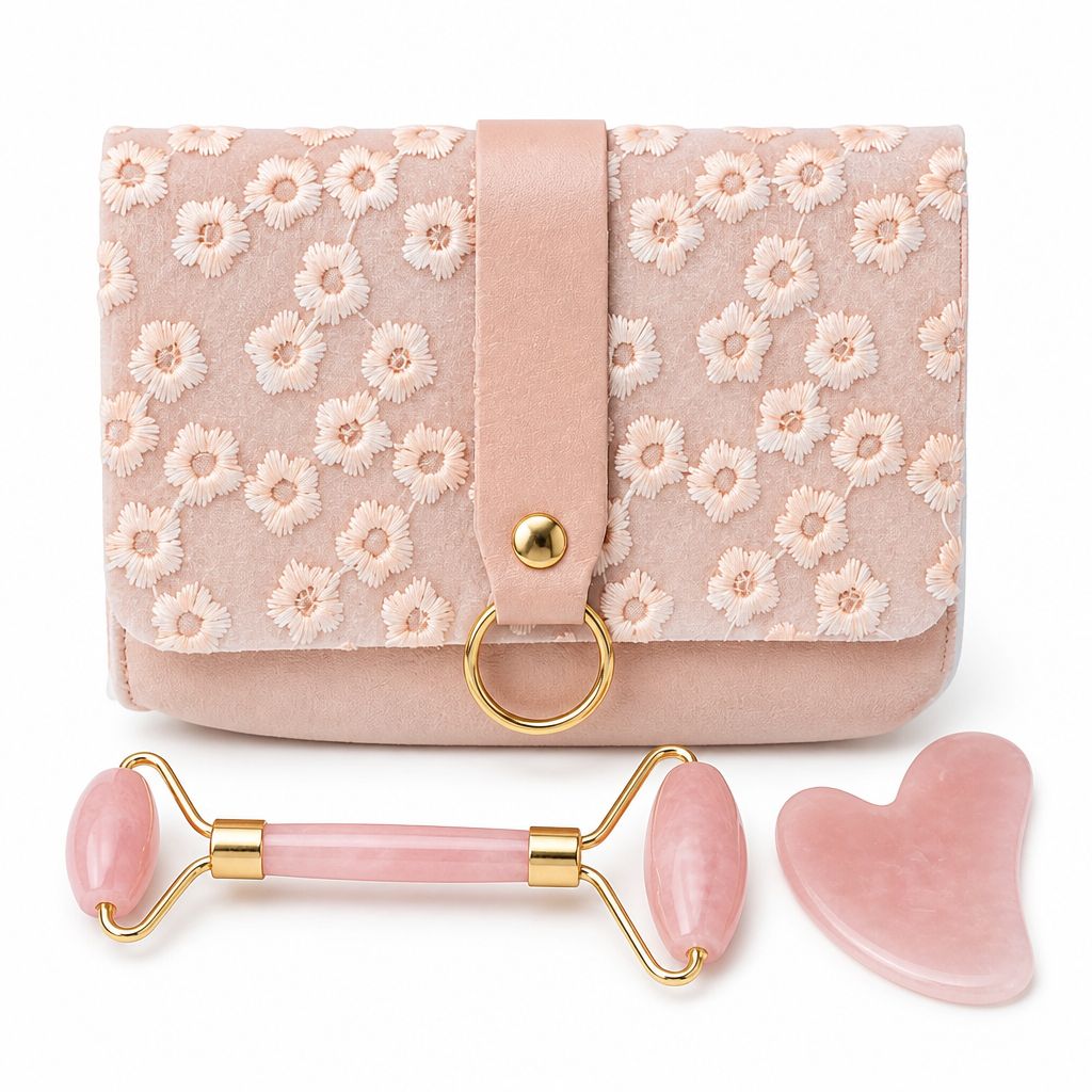 Pink Floral Travel Case with Rose Quartz Facial Roller &amp; Rose Quartz Gua Sha Set