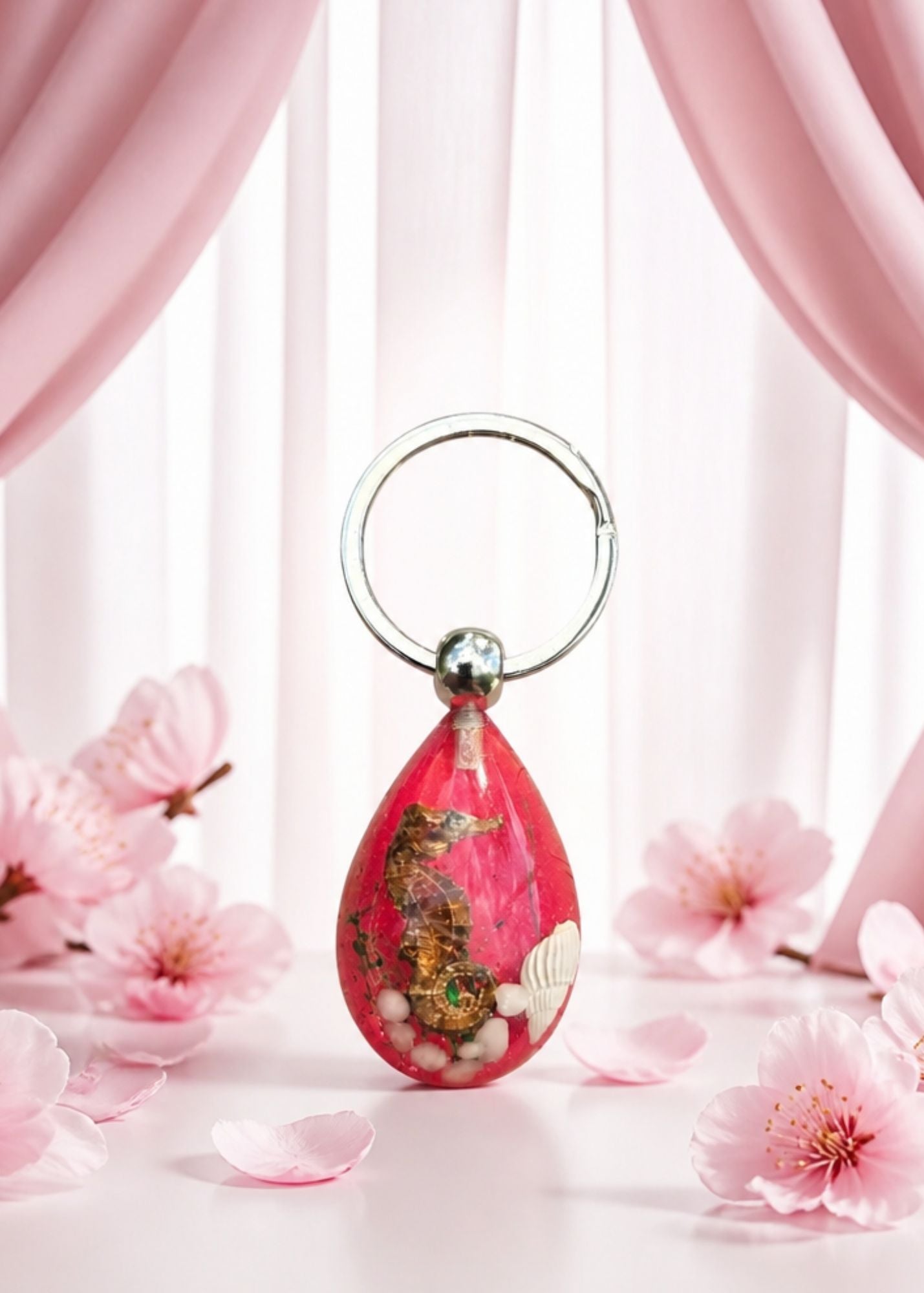 Handmade Faux Seahorse Keychain – Dark Pink Background