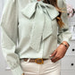 Pocketed Plaid Tie Neck Long Sleeve Shirt