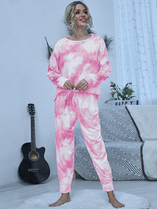 Full Size Tie-Dye Round Neck Top and Pants Lounge Set