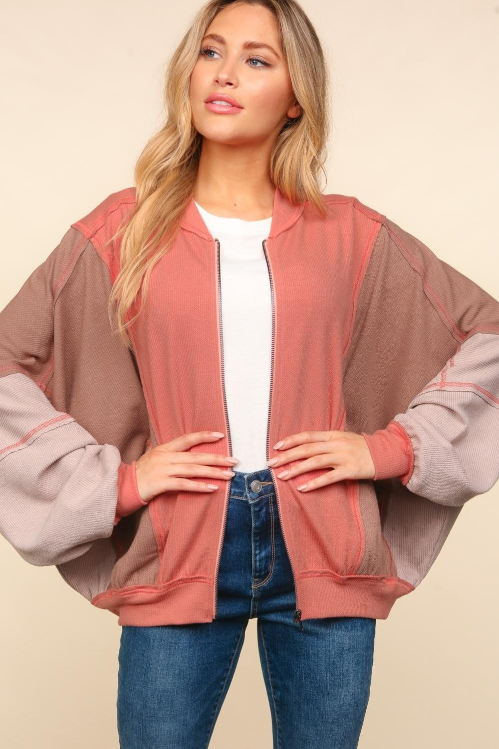 Haptics Zip Up Color Block Bomber Jacket with Side Pockets *
