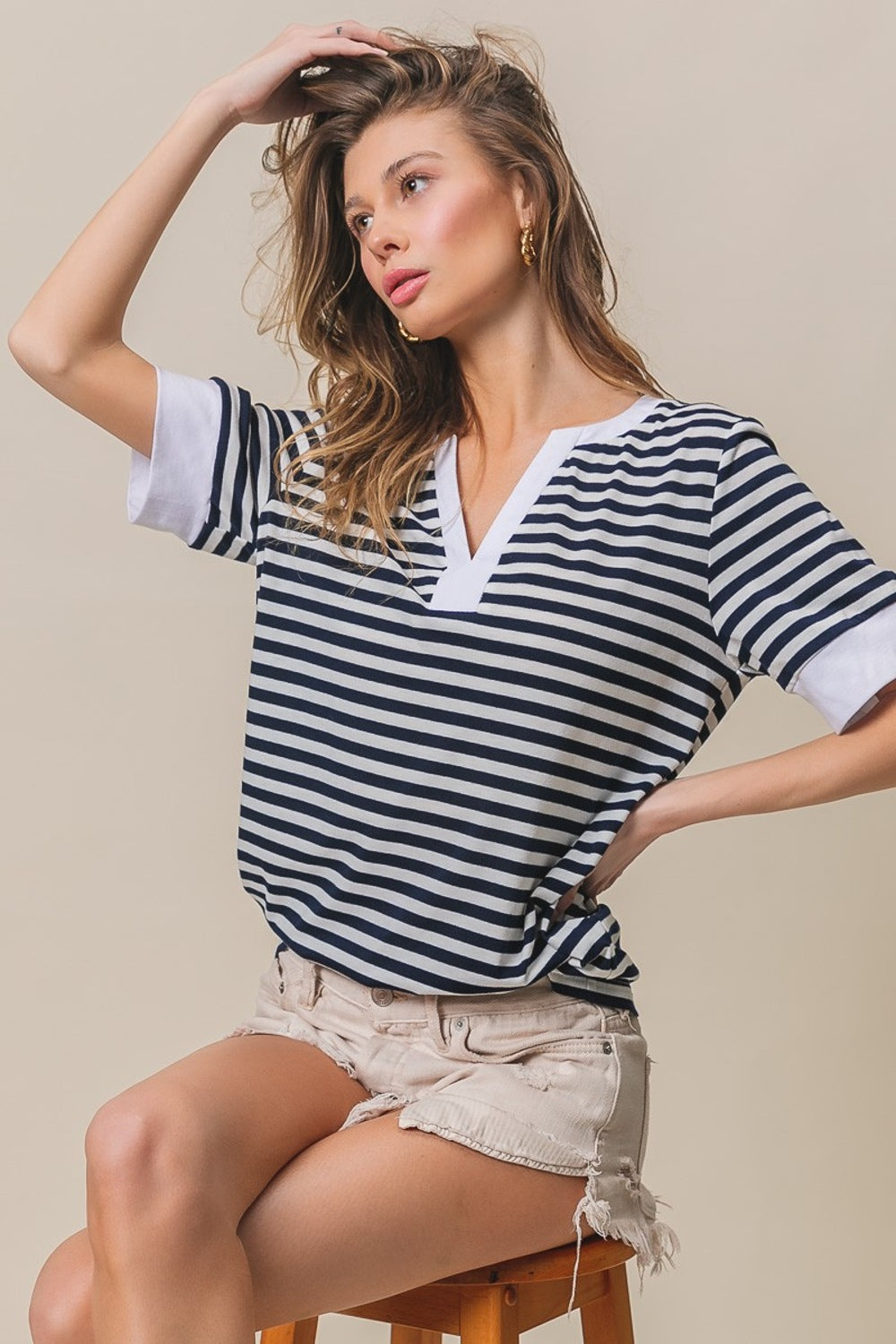 BiBi Contrast Striped Notched Knit Top - Brand BiBi *