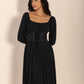 Lace-Up Square Neck Long Sleeve Midi Dress
