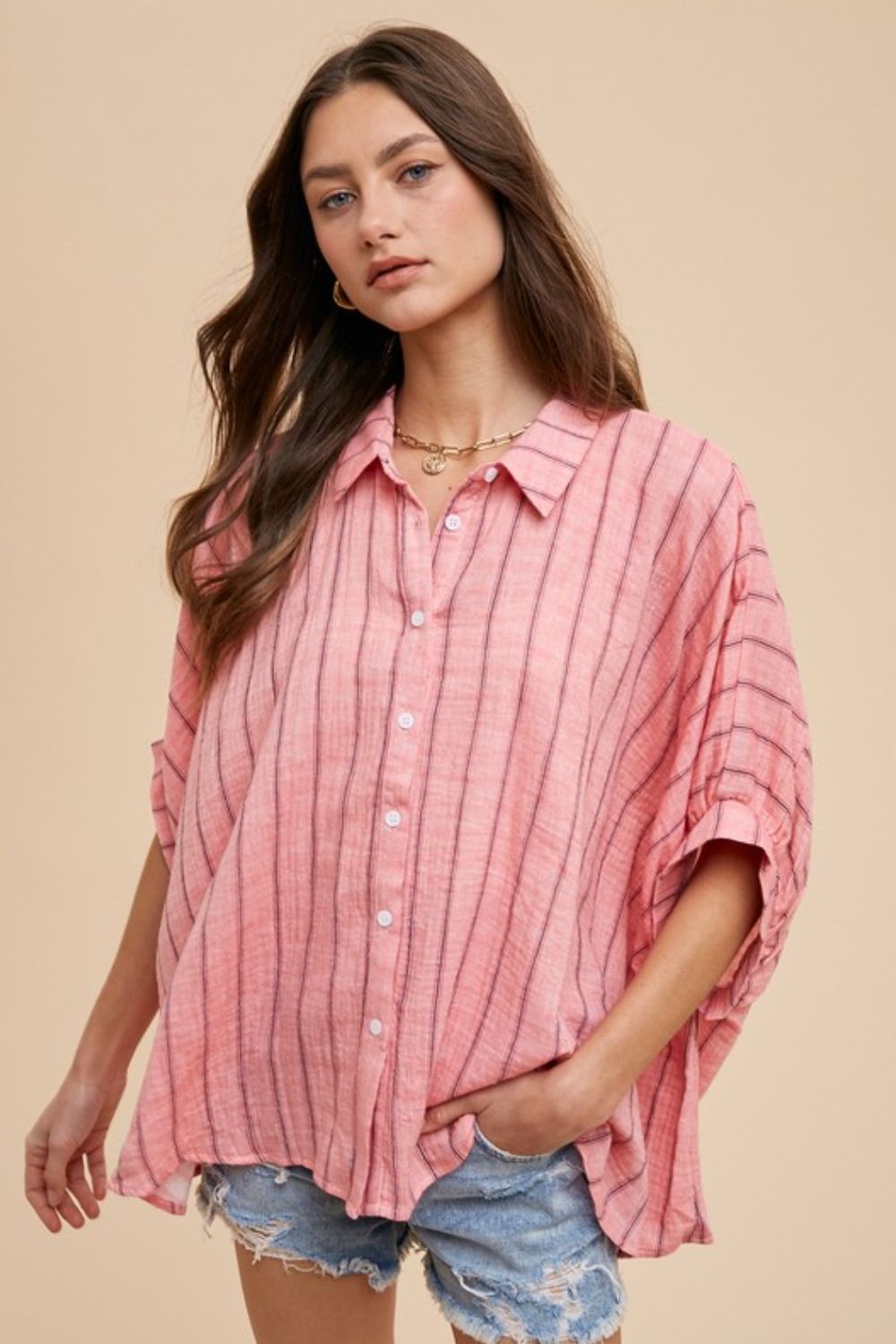 Annie Wear Striped Button Up Half Sleeve Shirt *