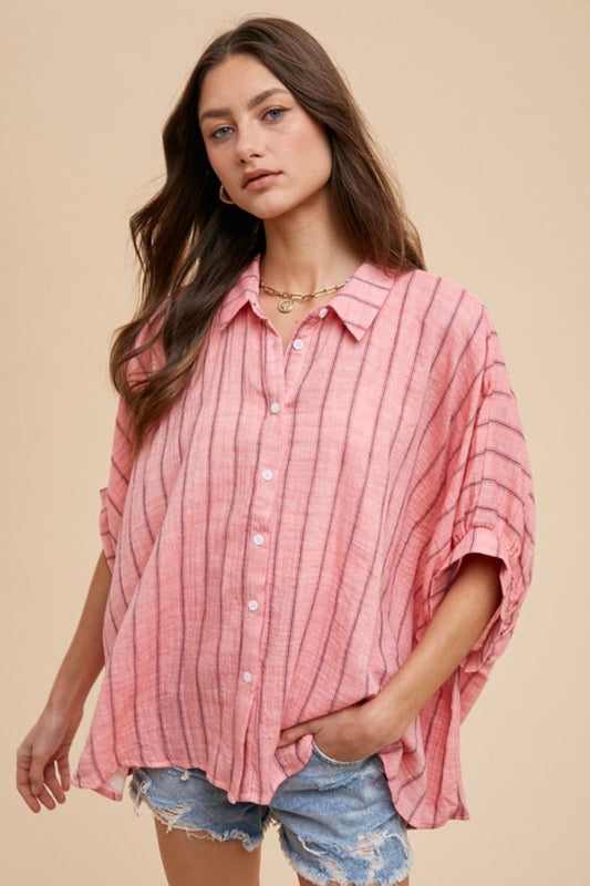 Annie Wear Striped Button Up Half Sleeve Shirt