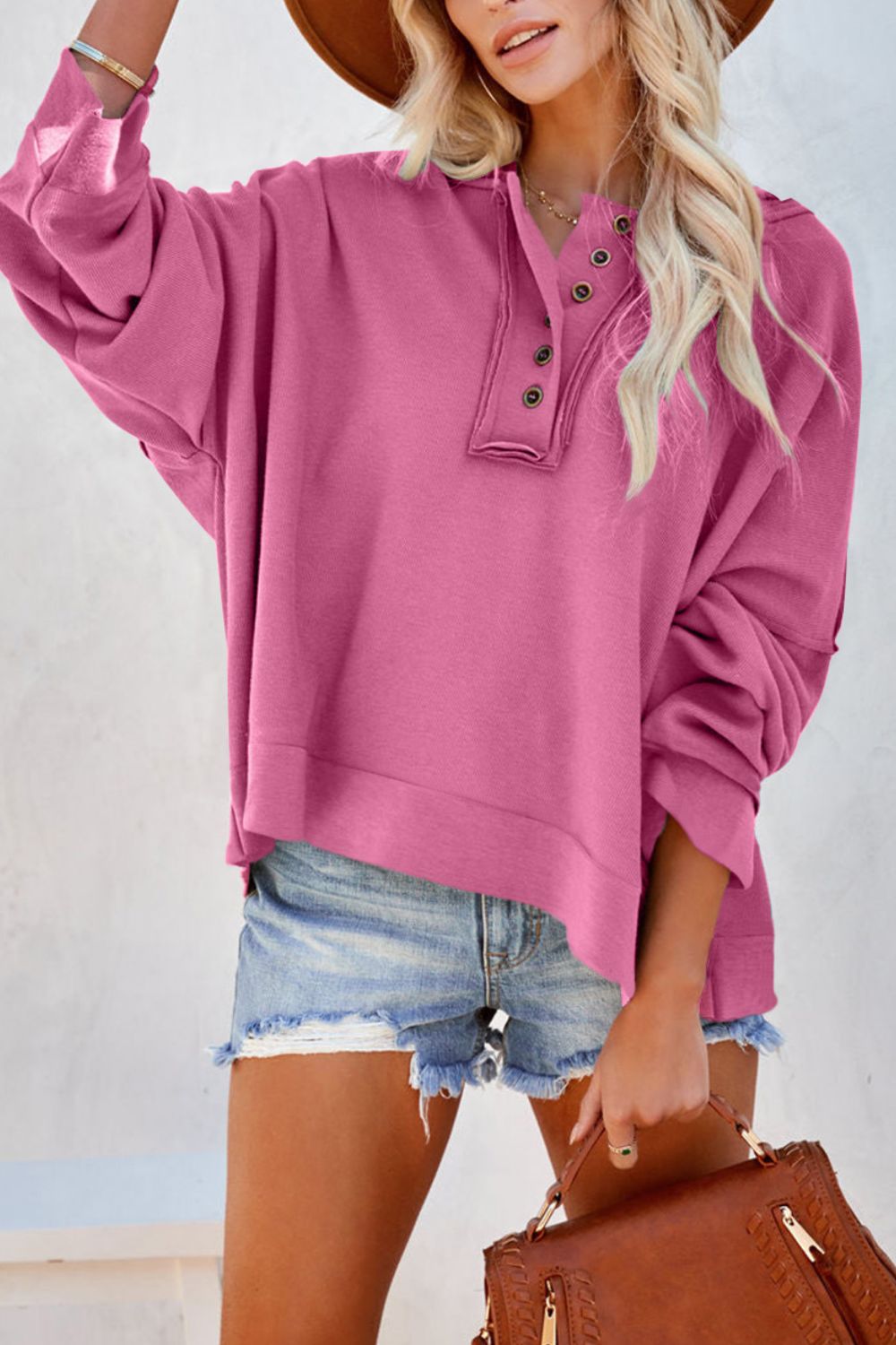 Malibu Dreams Quarter-Button Exposed Seam Dropped Shoulder Hoodie